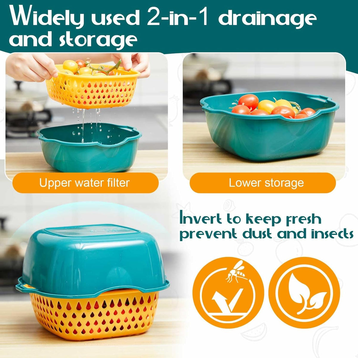 8 Pcs Drain Colander Bowl Set Fruits and Vegetable Washing Strainer Detachable Double-layer Plastic Kitchen Food Basket, Kitchen Essential Gadgets (Orange, Green)