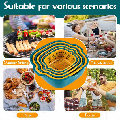 8 Pcs Drain Colander Bowl Set Fruits and Vegetable Washing Strainer Detachable Double-layer Plastic Kitchen Food Basket, Kitchen Essential Gadgets (Orange, Green)