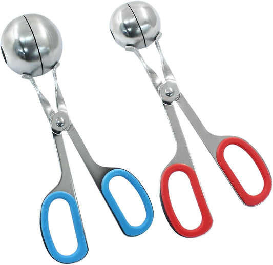 Meatball Maker, 2Pcs, Red + Blue, 1.38" + 1.89" | Non-stick, Stainless Steel, Meat Baller Tongs, Cake Pop & Cookie Dough Scoop
