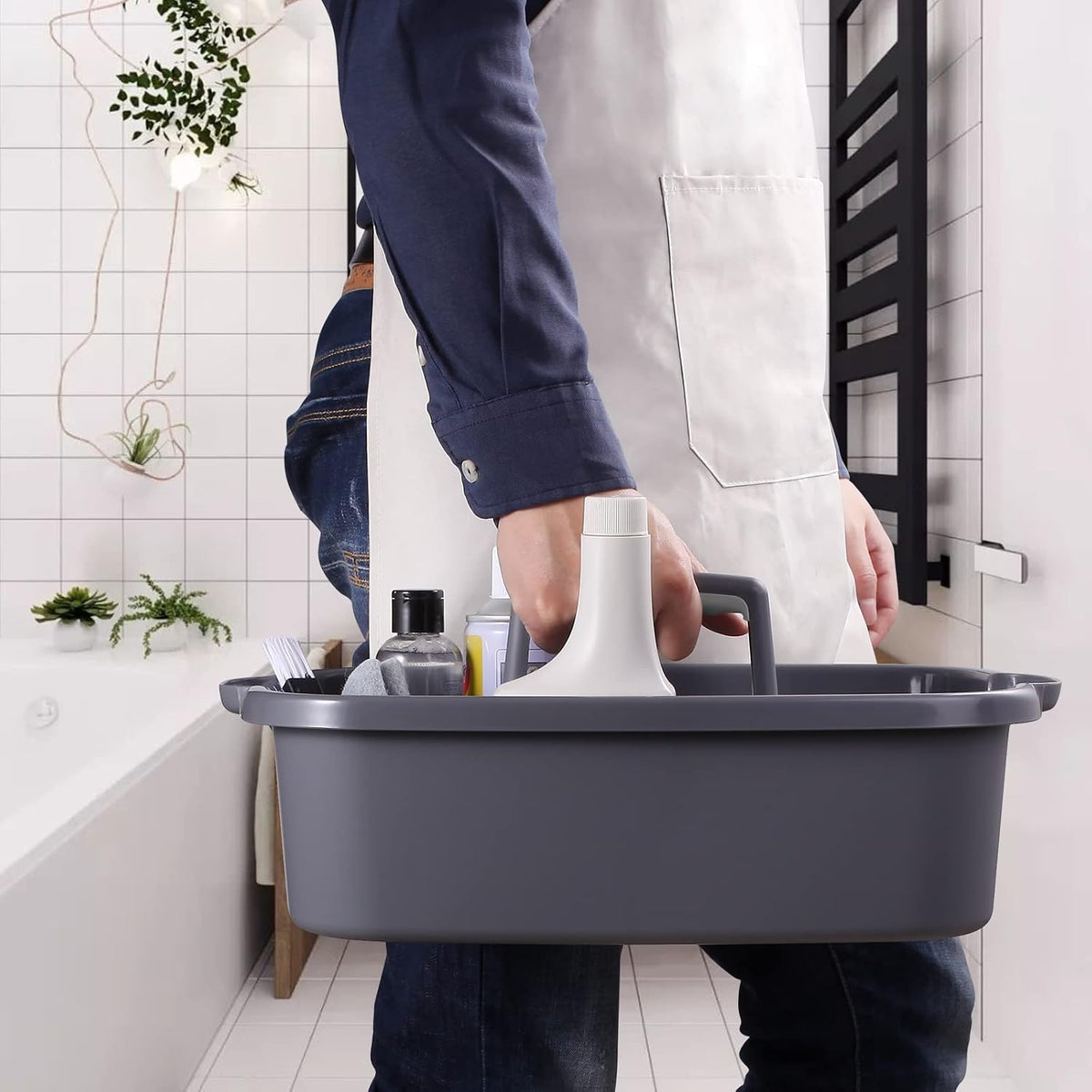 2-Pack Large Gray Cleaning Caddy for Cleaning Supplies with Handle - Portable Plastic Tote Organizer for Shower, Bathroom, Kitchen, Under Sink Storage