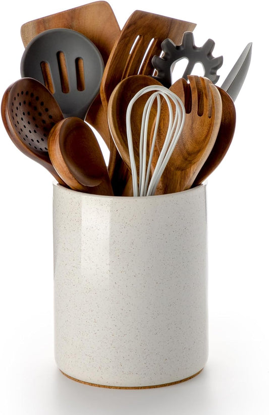Ceramic Kitchen Utensil Holder for Countertop Organizer 6.4" Sand | cooking utensil crock for kitchen counter, sturdy non-slip base,easy to clean,vintage farmhouse kitchen decor, Christmas Gift