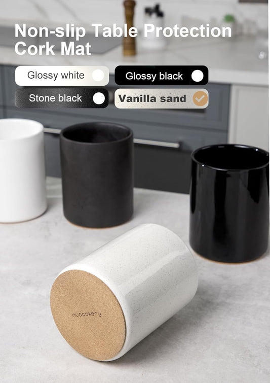 Ceramic Kitchen Utensil Holder for Countertop Organizer 6.4" Sand | cooking utensil crock for kitchen counter, sturdy non-slip base,easy to clean,vintage farmhouse kitchen decor, Christmas Gift