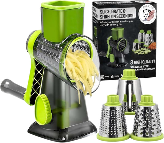 Cheese Grater Hand Crank - Rotary Cheese Shredder - 3 Interchangeable Stainless Steel Blades & Strong Suction Base - Parmesan Vegetable Grater - Manual Kitchen Vegetable Slicer