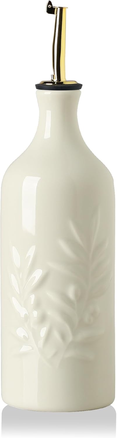 Sweejar Ceramic Olive Oil Dispenser Bottle, 20 Oz Relief Opaque Oil Cruet Protects Oil To Reduce Oxidation, Suitable for Storage Oil, Vinegar, Soy Sauce, Coffee Syrup, Liquids, Set of 1 (Beige)