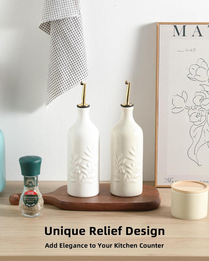 Sweejar Ceramic Olive Oil Dispenser Bottle, 20 Oz Relief Opaque Oil Cruet Protects Oil To Reduce Oxidation, Suitable for Storage Oil, Vinegar, Soy Sauce, Coffee Syrup, Liquids, Set of 1 (Beige)