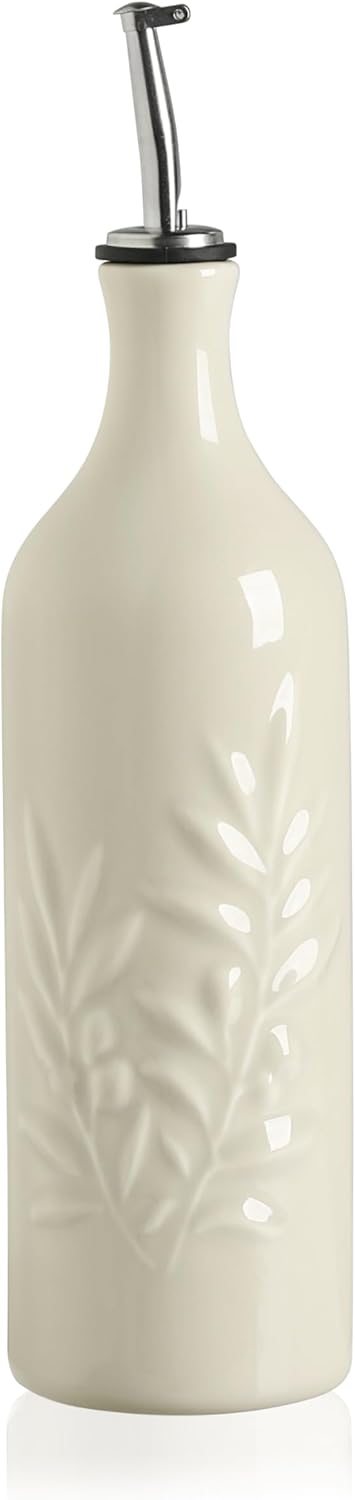 Sweejar Ceramic Olive Oil Dispenser Bottle, 20 Oz Relief Opaque Oil Cruet Protects Oil To Reduce Oxidation, Suitable for Storage Oil, Vinegar, Soy Sauce, Coffee Syrup, Liquids, Set of 1 (Beige)