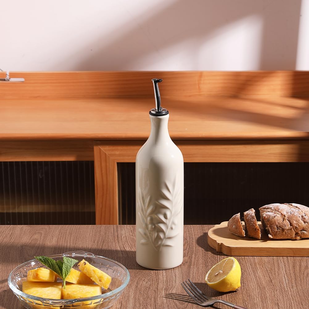 Sweejar Ceramic Olive Oil Dispenser Bottle, 20 Oz Relief Opaque Oil Cruet Protects Oil To Reduce Oxidation, Suitable for Storage Oil, Vinegar, Soy Sauce, Coffee Syrup, Liquids, Set of 1 (Beige)