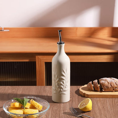 Sweejar Ceramic Olive Oil Dispenser Bottle, 20 Oz Relief Opaque Oil Cruet Protects Oil To Reduce Oxidation, Suitable for Storage Oil, Vinegar, Soy Sauce, Coffee Syrup, Liquids, Set of 1 (Beige)