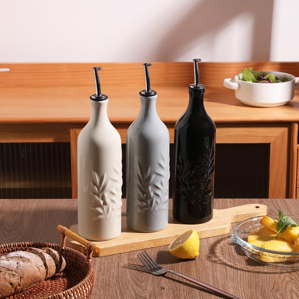 Sweejar Ceramic Olive Oil Dispenser Bottle, 20 Oz Relief Opaque Oil Cruet Protects Oil To Reduce Oxidation, Suitable for Storage Oil, Vinegar, Soy Sauce, Coffee Syrup, Liquids, Set of 1 (Beige)