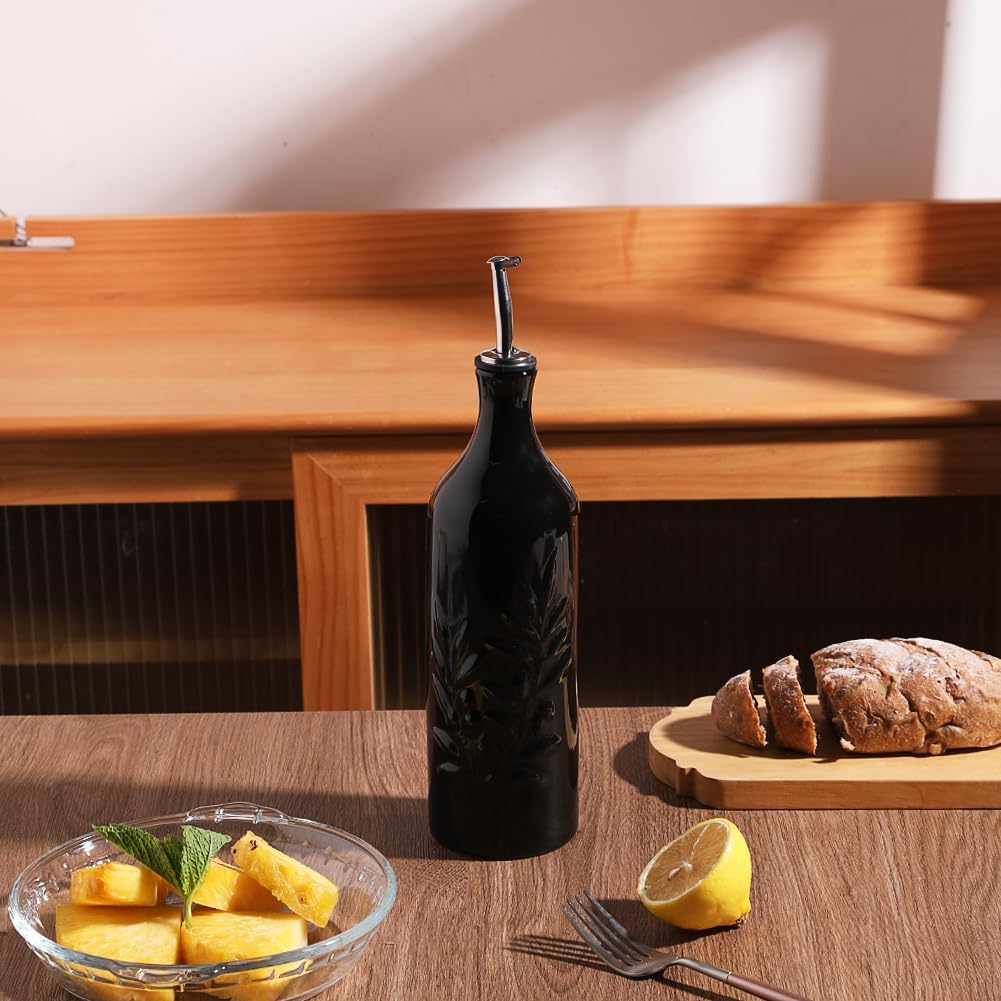 Sweejar Ceramic Olive Oil Dispenser Bottle, 20 Oz Relief Opaque Oil Cruet Protects Oil To Reduce Oxidation, Suitable for Storage Oil, Vinegar, Soy Sauce, Coffee Syrup, Liquids, Set of 1 (Beige)
