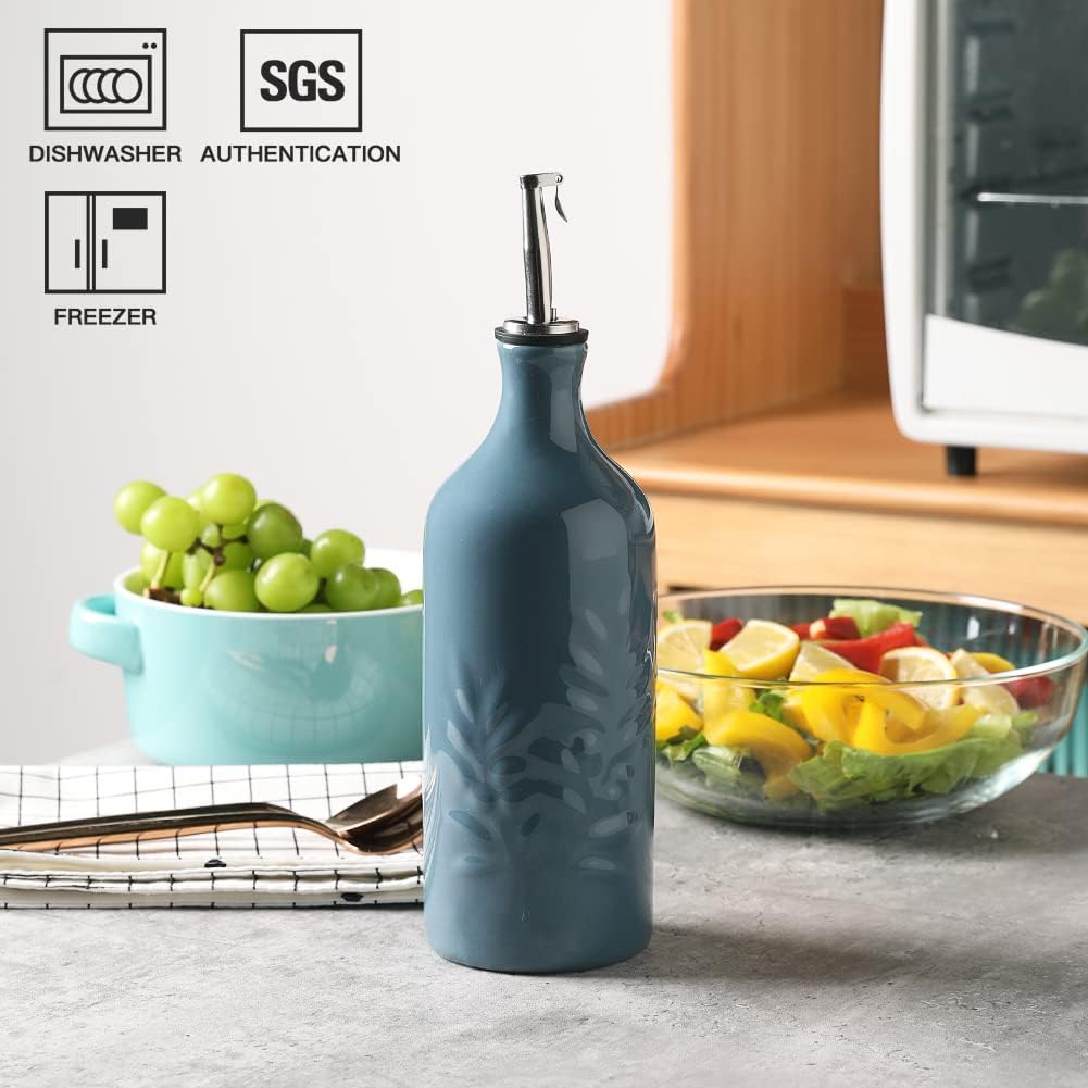 Sweejar Ceramic Olive Oil Dispenser Bottle, 20 Oz Relief Opaque Oil Cruet Protects Oil To Reduce Oxidation, Suitable for Storage Oil, Vinegar, Soy Sauce, Coffee Syrup, Liquids, Set of 1 (Beige)