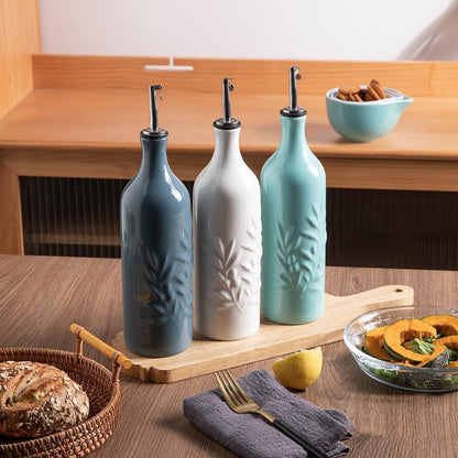 Sweejar Ceramic Olive Oil Dispenser Bottle, 20 Oz Relief Opaque Oil Cruet Protects Oil To Reduce Oxidation, Suitable for Storage Oil, Vinegar, Soy Sauce, Coffee Syrup, Liquids, Set of 1 (Beige)