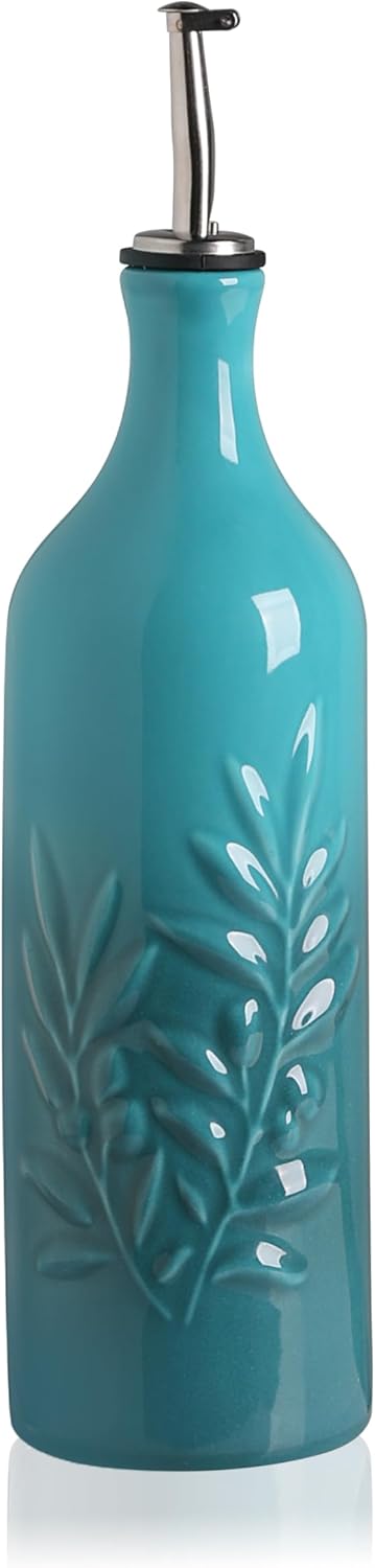Sweejar Ceramic Olive Oil Dispenser Bottle, 20 Oz Relief Opaque Oil Cruet Protects Oil To Reduce Oxidation, Suitable for Storage Oil, Vinegar, Soy Sauce, Coffee Syrup, Liquids, Set of 1 (Beige)