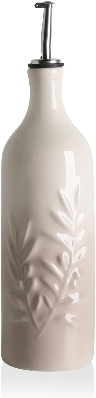 Sweejar Ceramic Olive Oil Dispenser Bottle, 20 Oz Relief Opaque Oil Cruet Protects Oil To Reduce Oxidation, Suitable for Storage Oil, Vinegar, Soy Sauce, Coffee Syrup, Liquids, Set of 1 (Beige)