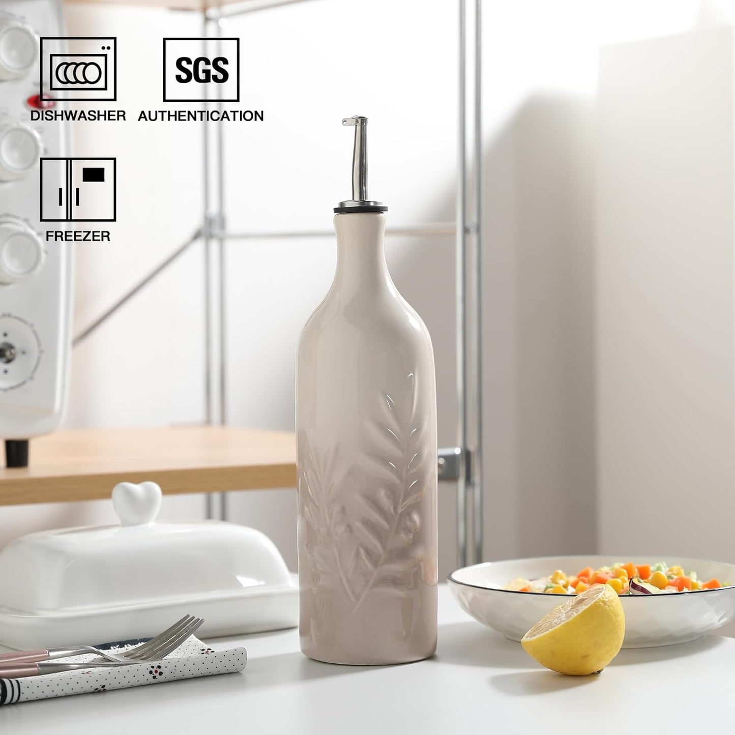 Sweejar Ceramic Olive Oil Dispenser Bottle, 20 Oz Relief Opaque Oil Cruet Protects Oil To Reduce Oxidation, Suitable for Storage Oil, Vinegar, Soy Sauce, Coffee Syrup, Liquids, Set of 1 (Beige)