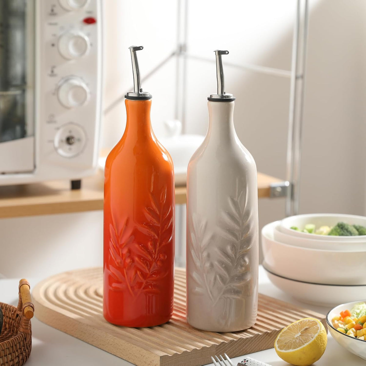 Sweejar Ceramic Olive Oil Dispenser Bottle, 20 Oz Relief Opaque Oil Cruet Protects Oil To Reduce Oxidation, Suitable for Storage Oil, Vinegar, Soy Sauce, Coffee Syrup, Liquids, Set of 1 (Beige)