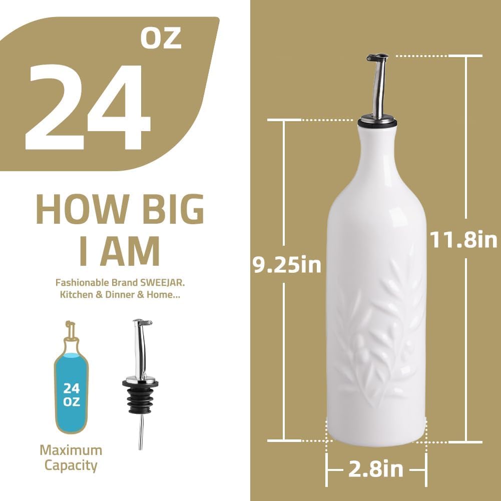 Sweejar Ceramic Olive Oil Dispenser Bottle, 20 Oz Relief Opaque Oil Cruet Protects Oil To Reduce Oxidation, Suitable for Storage Oil, Vinegar, Soy Sauce, Coffee Syrup, Liquids, Set of 1 (Beige)