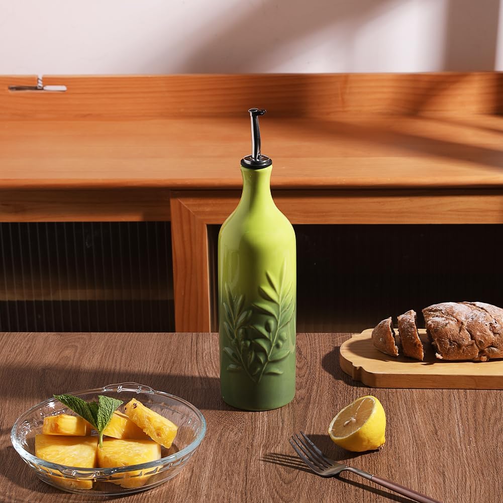 Sweejar Ceramic Olive Oil Dispenser Bottle, 20 Oz Relief Opaque Oil Cruet Protects Oil To Reduce Oxidation, Suitable for Storage Oil, Vinegar, Soy Sauce, Coffee Syrup, Liquids, Set of 1 (Beige)