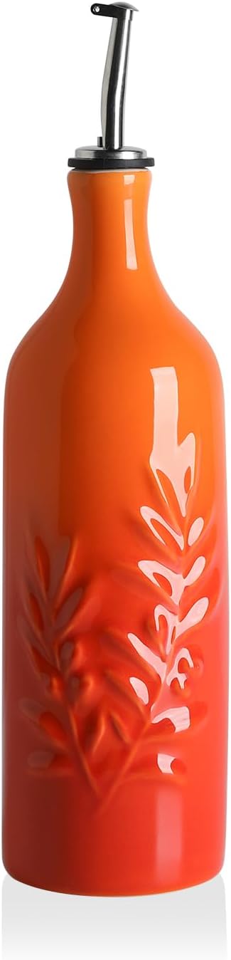 Sweejar Ceramic Olive Oil Dispenser Bottle, 20 Oz Relief Opaque Oil Cruet Protects Oil To Reduce Oxidation, Suitable for Storage Oil, Vinegar, Soy Sauce, Coffee Syrup, Liquids, Set of 1 (Beige)