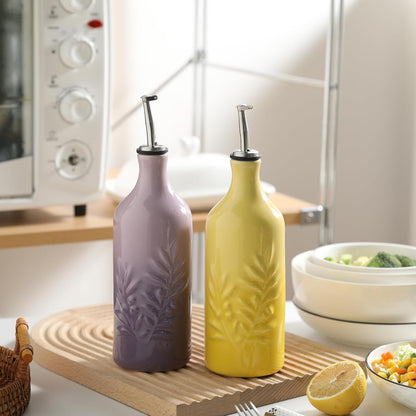 Sweejar Ceramic Olive Oil Dispenser Bottle, 20 Oz Relief Opaque Oil Cruet Protects Oil To Reduce Oxidation, Suitable for Storage Oil, Vinegar, Soy Sauce, Coffee Syrup, Liquids, Set of 1 (Beige)