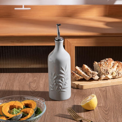 Sweejar Ceramic Olive Oil Dispenser Bottle, 20 Oz Relief Opaque Oil Cruet Protects Oil To Reduce Oxidation, Suitable for Storage Oil, Vinegar, Soy Sauce, Coffee Syrup, Liquids, Set of 1 (Beige)
