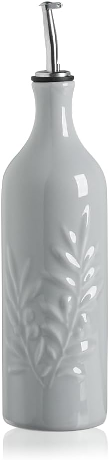 Sweejar Ceramic Olive Oil Dispenser Bottle, 20 Oz Relief Opaque Oil Cruet Protects Oil To Reduce Oxidation, Suitable for Storage Oil, Vinegar, Soy Sauce, Coffee Syrup, Liquids, Set of 1 (Beige)