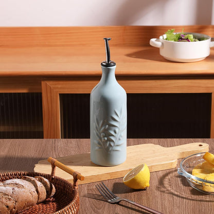 Sweejar Ceramic Olive Oil Dispenser Bottle, 20 Oz Relief Opaque Oil Cruet Protects Oil To Reduce Oxidation, Suitable for Storage Oil, Vinegar, Soy Sauce, Coffee Syrup, Liquids, Set of 1 (Beige)