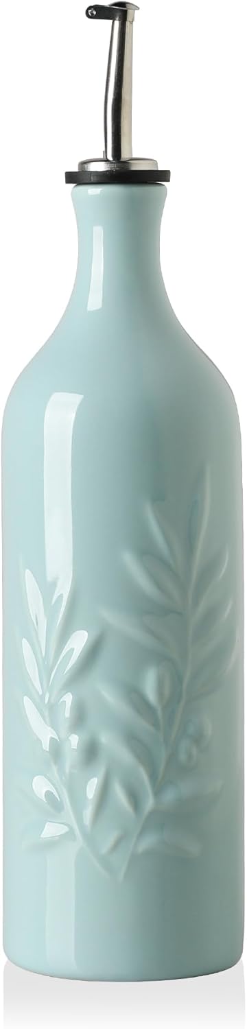 Sweejar Ceramic Olive Oil Dispenser Bottle, 20 Oz Relief Opaque Oil Cruet Protects Oil To Reduce Oxidation, Suitable for Storage Oil, Vinegar, Soy Sauce, Coffee Syrup, Liquids, Set of 1 (Beige)