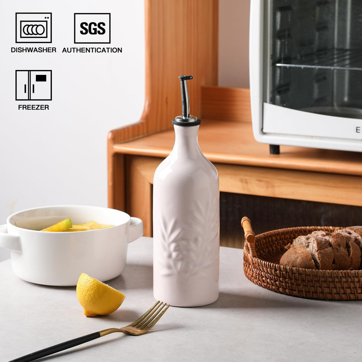 Sweejar Ceramic Olive Oil Dispenser Bottle, 20 Oz Relief Opaque Oil Cruet Protects Oil To Reduce Oxidation, Suitable for Storage Oil, Vinegar, Soy Sauce, Coffee Syrup, Liquids, Set of 1 (Beige)