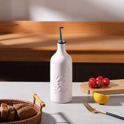 Sweejar Ceramic Olive Oil Dispenser Bottle, 20 Oz Relief Opaque Oil Cruet Protects Oil To Reduce Oxidation, Suitable for Storage Oil, Vinegar, Soy Sauce, Coffee Syrup, Liquids, Set of 1 (Beige)