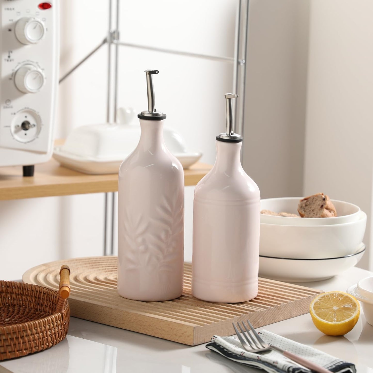 Sweejar Ceramic Olive Oil Dispenser Bottle, 20 Oz Relief Opaque Oil Cruet Protects Oil To Reduce Oxidation, Suitable for Storage Oil, Vinegar, Soy Sauce, Coffee Syrup, Liquids, Set of 1 (Beige)