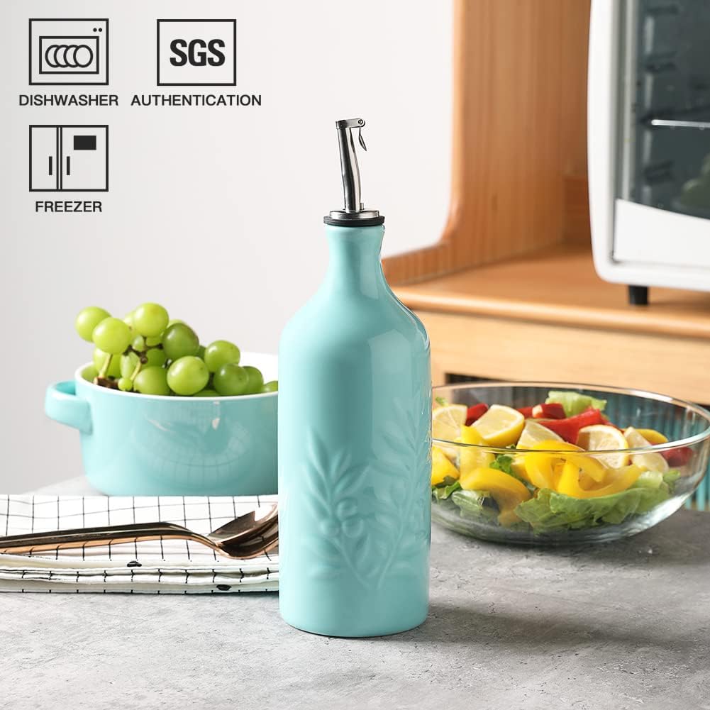 Sweejar Ceramic Olive Oil Dispenser Bottle, 20 Oz Relief Opaque Oil Cruet Protects Oil To Reduce Oxidation, Suitable for Storage Oil, Vinegar, Soy Sauce, Coffee Syrup, Liquids, Set of 1 (Beige)