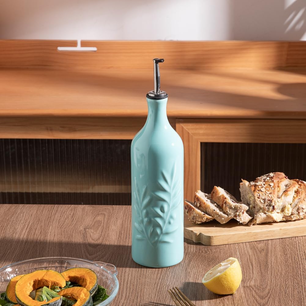 Sweejar Ceramic Olive Oil Dispenser Bottle, 20 Oz Relief Opaque Oil Cruet Protects Oil To Reduce Oxidation, Suitable for Storage Oil, Vinegar, Soy Sauce, Coffee Syrup, Liquids, Set of 1 (Beige)