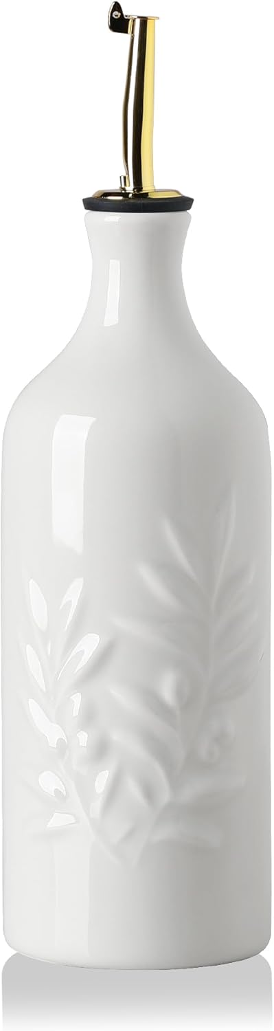 Sweejar Ceramic Olive Oil Dispenser Bottle, 20 Oz Relief Opaque Oil Cruet Protects Oil To Reduce Oxidation, Suitable for Storage Oil, Vinegar, Soy Sauce, Coffee Syrup, Liquids, Set of 1 (Beige)