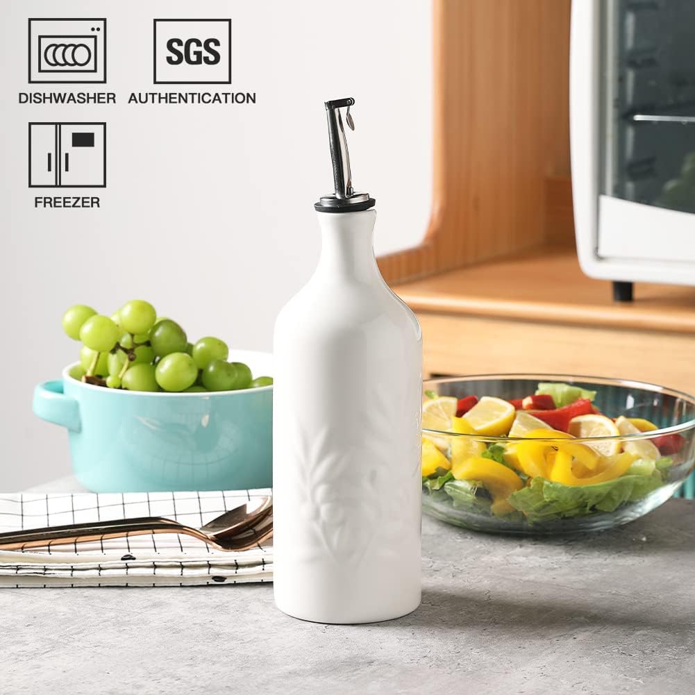 Sweejar Ceramic Olive Oil Dispenser Bottle, 20 Oz Relief Opaque Oil Cruet Protects Oil To Reduce Oxidation, Suitable for Storage Oil, Vinegar, Soy Sauce, Coffee Syrup, Liquids, Set of 1 (Beige)