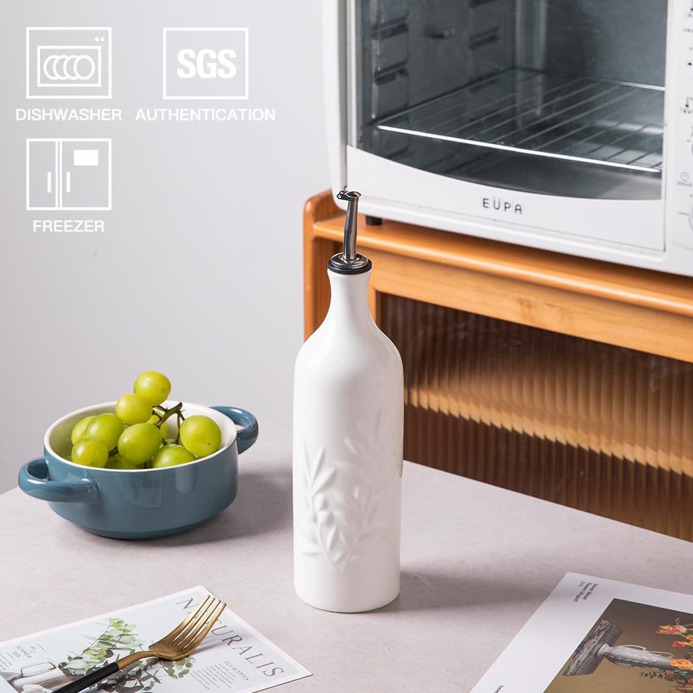 Sweejar Ceramic Olive Oil Dispenser Bottle, 20 Oz Relief Opaque Oil Cruet Protects Oil To Reduce Oxidation, Suitable for Storage Oil, Vinegar, Soy Sauce, Coffee Syrup, Liquids, Set of 1 (Beige)