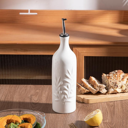 Sweejar Ceramic Olive Oil Dispenser Bottle, 20 Oz Relief Opaque Oil Cruet Protects Oil To Reduce Oxidation, Suitable for Storage Oil, Vinegar, Soy Sauce, Coffee Syrup, Liquids, Set of 1 (Beige)