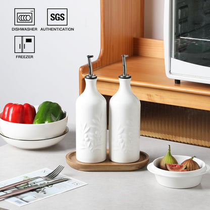 Sweejar Ceramic Olive Oil Dispenser Bottle, 20 Oz Relief Opaque Oil Cruet Protects Oil To Reduce Oxidation, Suitable for Storage Oil, Vinegar, Soy Sauce, Coffee Syrup, Liquids, Set of 1 (Beige)
