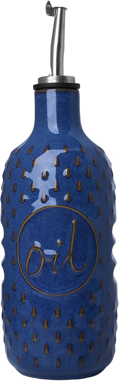 Ceramic Olive Oil Dispenser Bottle 15oz, Vinegar Dispenser (Vintage Blue) | Drip-Free Pouring Spout, Smooth Glazed Finish, Handmade Ceramic Style, Controlled Oil Flow, Kitchen Decor Accent
