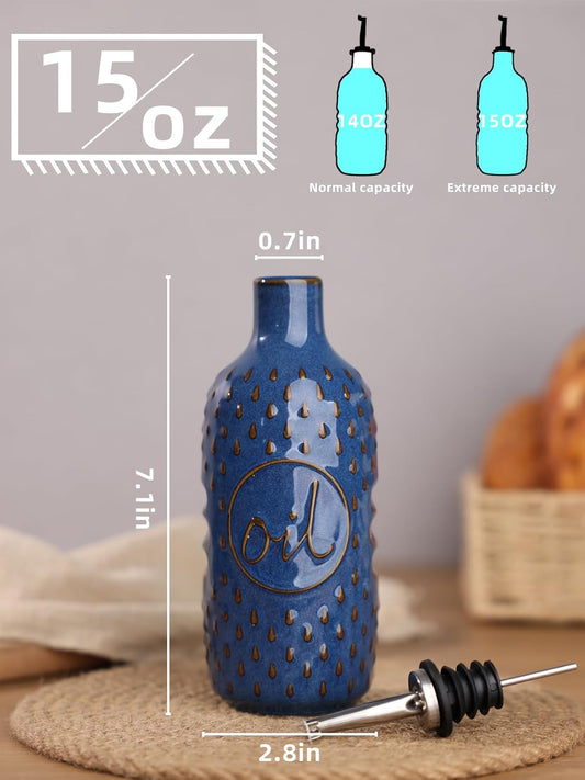 Ceramic Olive Oil Dispenser Bottle 15oz, Vinegar Dispenser (Vintage Blue) | Drip-Free Pouring Spout, Smooth Glazed Finish, Handmade Ceramic Style, Controlled Oil Flow, Kitchen Decor Accent