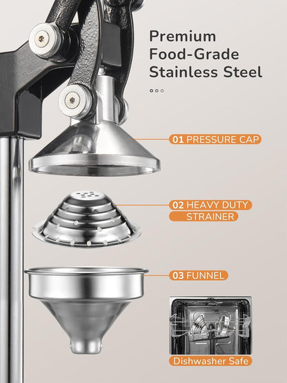 Professional Cast Iron Manual Juicer, Heavy Duty Citrus Press with Stainless Steel Strainer, Easy-to-Clean Hand Squeezer for Orange, Lemon, Lime and Grapefruit - Black (Black)