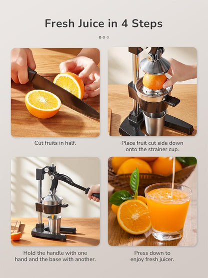 Professional Cast Iron Manual Juicer, Heavy Duty Citrus Press with Stainless Steel Strainer, Easy-to-Clean Hand Squeezer for Orange, Lemon, Lime and Grapefruit - Black (Black)