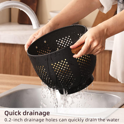 Metal Colander with Wood Handle, 5.5 Quart Powder Coated Steel Large Kitchen Strainer Stable Base,(Sand Yellow, 11.26inch)