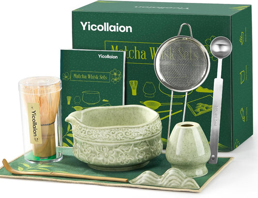 Matcha Whisk Set, 9 Pcs Matcha Set Kit for Ceremony Includes Ceramic Matcha Bowl, Holder, Bamboo Whisk & Scoop, Measuring Spoon, Scoop Rest, Sifter, Tea Towel, Handbook - Ideal Gift for Matcha Lovers