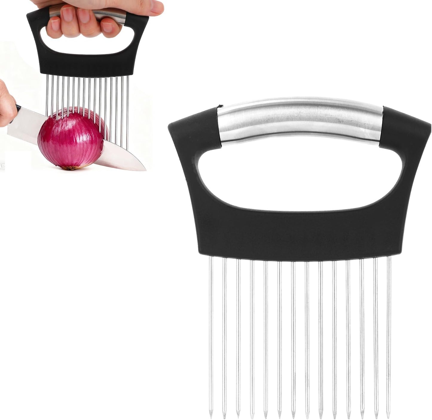 Onion Holder for Slicing, Extra-Large Stainless Steel Tomato and Potato Slicer with 16 Long Needles Versatile Food Slice Holder Home Kitchen Tool for Meat Onion Tomato Potato
