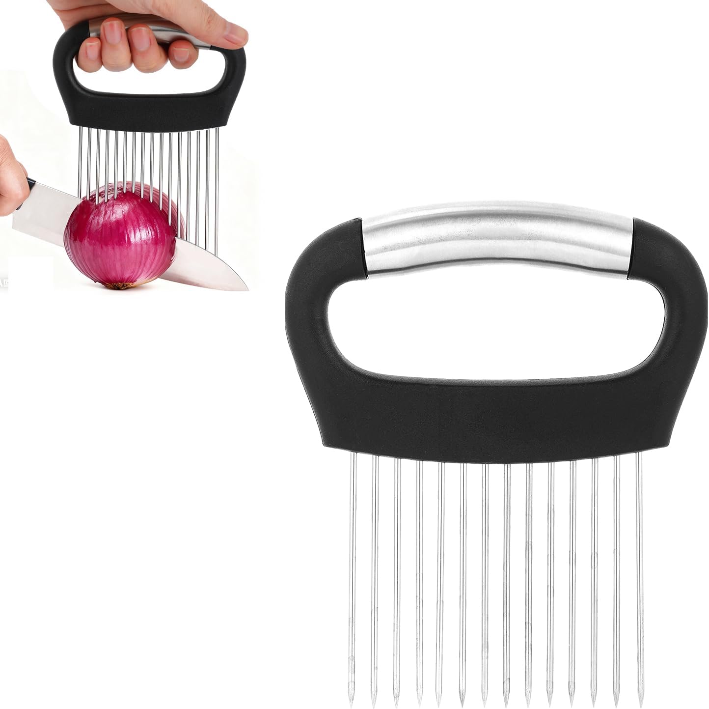 Onion Holder for Slicing, Extra-Large Stainless Steel Tomato and Potato Slicer with 16 Long Needles Versatile Food Slice Holder Home Kitchen Tool for Meat Onion Tomato Potato