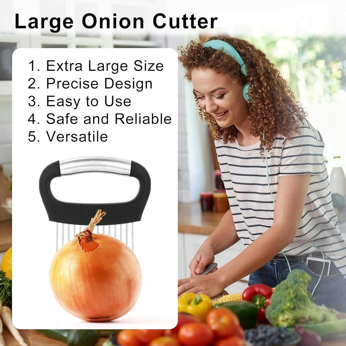Onion Holder for Slicing, Extra-Large Stainless Steel Tomato and Potato Slicer with 16 Long Needles Versatile Food Slice Holder Home Kitchen Tool for Meat Onion Tomato Potato