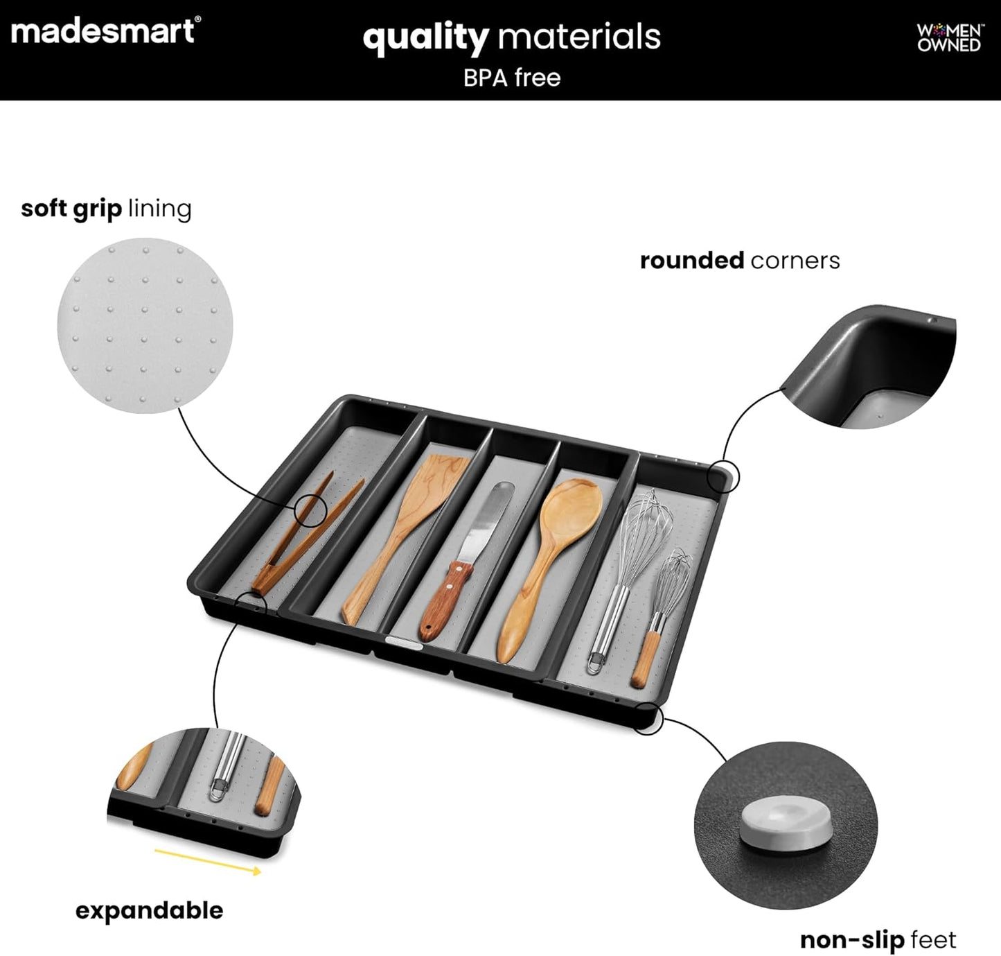 Expandable Utensil Tray, 8 Compartment Organizer for Forks, Knives & Spoons, Deep Storage for Ladles, Whisks & Serving Tools Non Slip, Soft Grip Base, Expands to Fit Most Drawers, Carbon