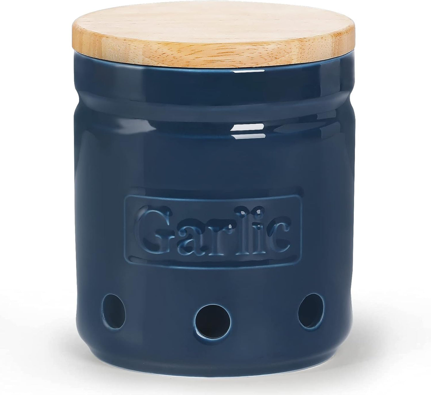 Garlic Keeper with Wooden Lid, 4.5-Inch Ceramic Garlic Holder 24oz (Navy)