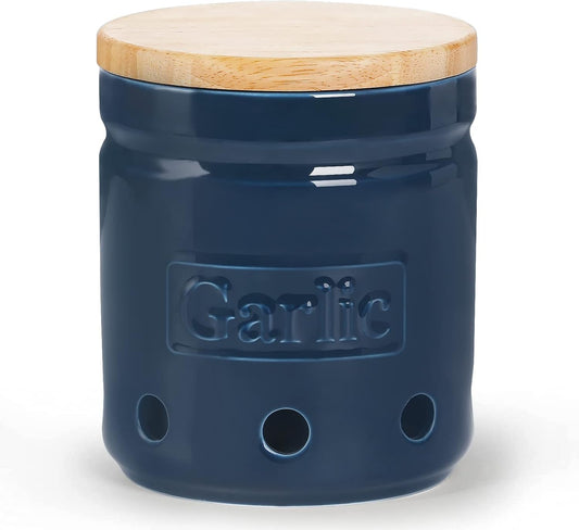 Garlic Keeper with Wooden Lid, 4.5-Inch Ceramic Garlic Holder 24oz (Navy)